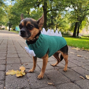May include: A small brown and black chihuahua wearing a green knitted sweater with white spikes on the back. The dog is standing on a gray brick walkway.