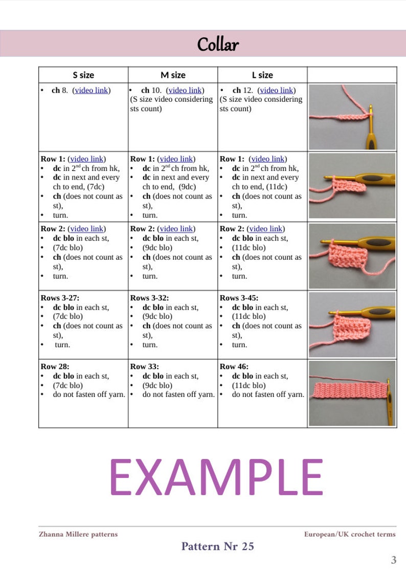 May include: Crochet pattern instructions for a collar in three sizes: small, medium, and large. The pattern includes a written description and images of the finished product. The pattern is written in European crochet terms.