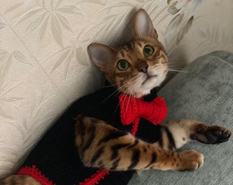 Cat sweater, pattern for cat, cat costumes for cats, crochet bow, crochet pattern for cat sweater,  cat clothes for cats, sphynx cat clothes