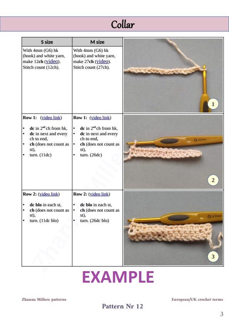May include: Collar crochet pattern instructions in English with a close-up of the crochet stitches and a crochet hook. The pattern includes instructions for two sizes: S and M. The pattern is written in European/UK crochet terms. Pattern Nr 12.