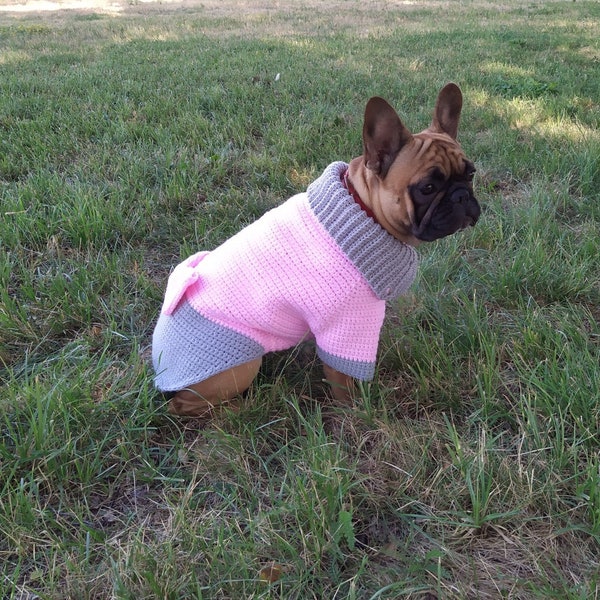 Sweater for  French bulldog, crochet pattern, french bulldog coat, Dog bow tie pattern, pink dog sweater, Large dog sweater crochet pattern.