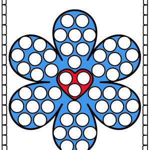 May include: A blue flower with white circles for dot painting. The center of the flower has a red heart with three white circles.