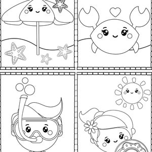 May include: Black and white colouring page featuring four summer-themed illustrations: a sun with a smiling face, an umbrella with a smiling face, a crab with a smiling face, a person with a snorkel and a smiling face, and a person with a life preserver and a smiling face.