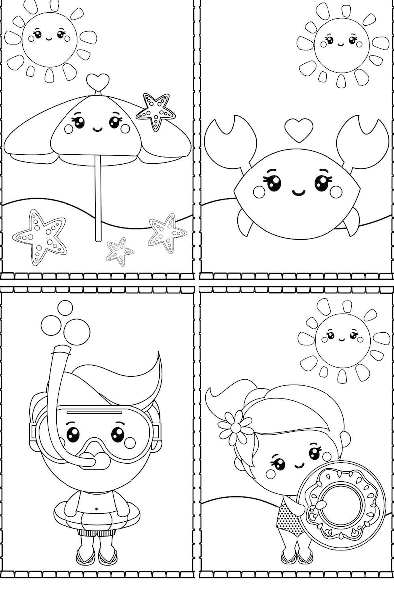 May include: Black and white colouring page featuring four summer-themed illustrations: a sun with a smiling face, an umbrella with a smiling face, a crab with a smiling face, a person with a snorkel and a smiling face, and a person with a life preserver and a smiling face.