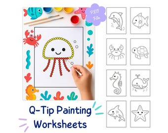Q-Tip Painting Worksheets | Ocean Animals Printable | Fine Motor Activity for Kids | Instant Download