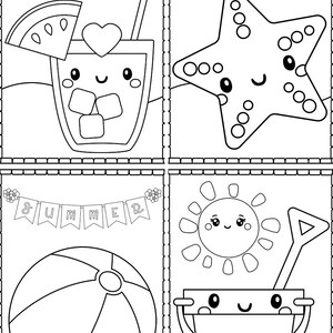 May include: Black and white colouring page with four summer themed images. The images include a glass of lemonade with a watermelon slice, a starfish, a beach ball, and a bucket and spade.