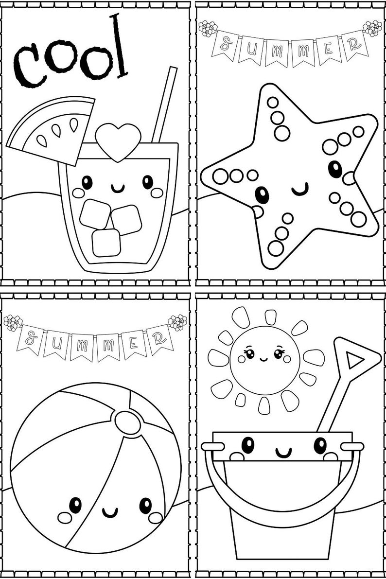 May include: Black and white colouring page with four summer themed images. The images include a glass of lemonade with a watermelon slice, a starfish, a beach ball, and a bucket and spade.