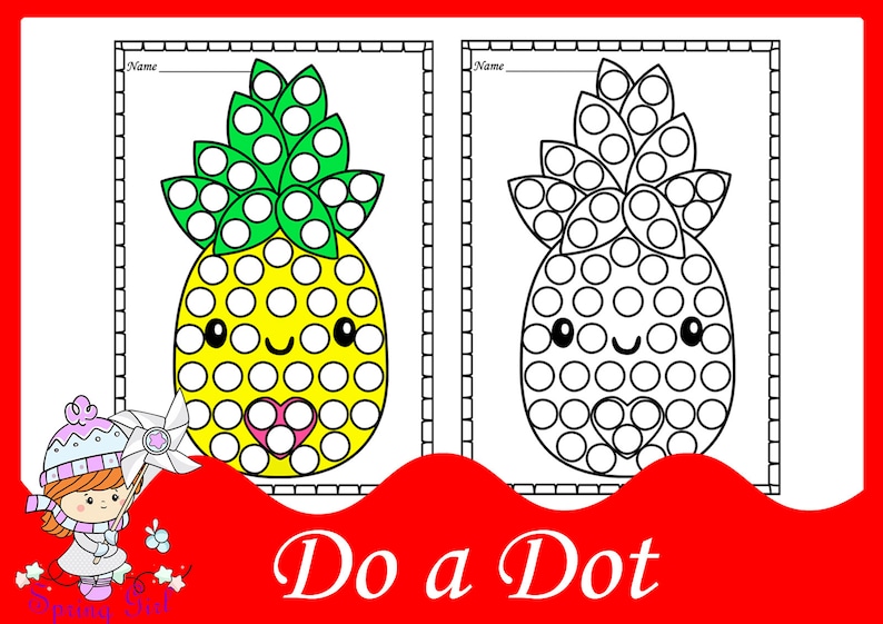 May include: A printable do-a-dot activity sheet featuring a pineapple with a heart in the center. The pineapple is outlined in black and has a smiling face. The sheet is ready to be colored with dot markers.