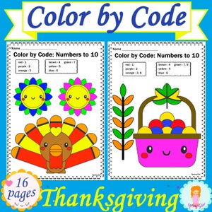 Thanksgiving Math: Color by Code Worksheets