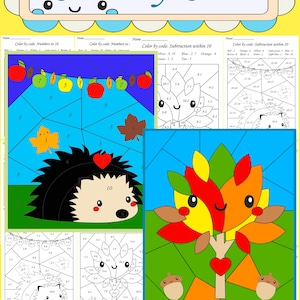 Color by Number for Kids | Fall Math Printable Worksheets | Color by Code Templates | Back to School Activity | Digital Instant Download
