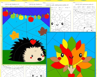 Color by Number for Kids | Fall Math Printable Worksheets | Color by Code Templates | Back to School Activity | Digital Instant Download