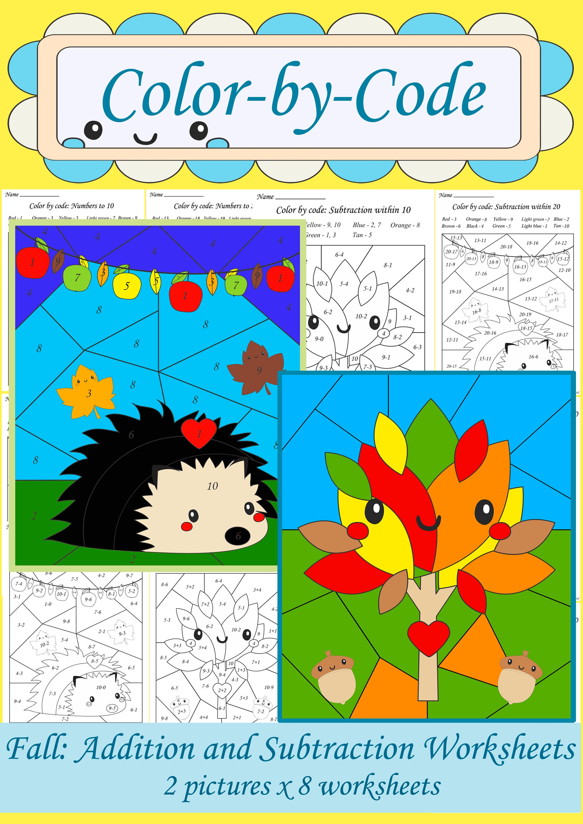Color by Number for Kids | Fall Math Printable Worksheets | Color by ...