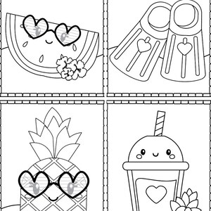 May include: Black and white colouring page with four summer themed images. The top left image is a watermelon wearing sunglasses. The top right image is a pair of flippers. The bottom left image is a pineapple wearing sunglasses. The bottom right image is a smoothie with a pineapple garnish.