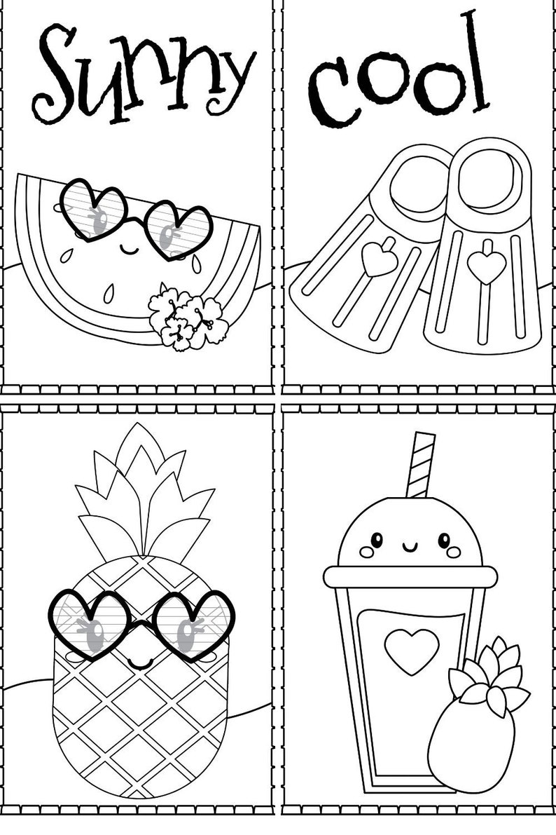 May include: Black and white colouring page with four summer themed images. The top left image is a watermelon wearing sunglasses. The top right image is a pair of flippers. The bottom left image is a pineapple wearing sunglasses. The bottom right image is a smoothie with a pineapple garnish.
