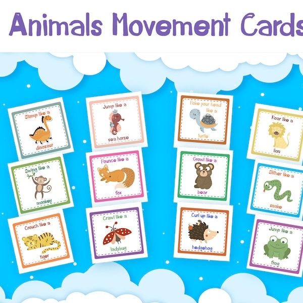 Animal Movement Cards | Brain Break Movement Cards For Kids | Fitness Flashcards | Kids Exercises | Flash Cards Kids | Physical Education