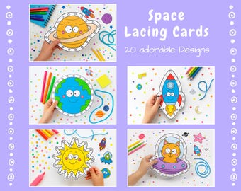 Space Lacing Cards | Outer Space Activities | Planets Hands On Activity | Fine Motor Skills Printable
