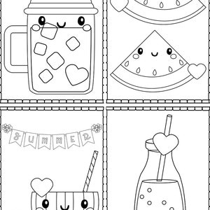 May include: Black and white colouring page featuring four summer-themed illustrations: a mason jar with a straw and ice cubes, a slice of watermelon, a coconut with a straw and a slice of watermelon, and a glass bottle with a straw and bubbles. The text "SUMMER" is written on a banner above the coconut.