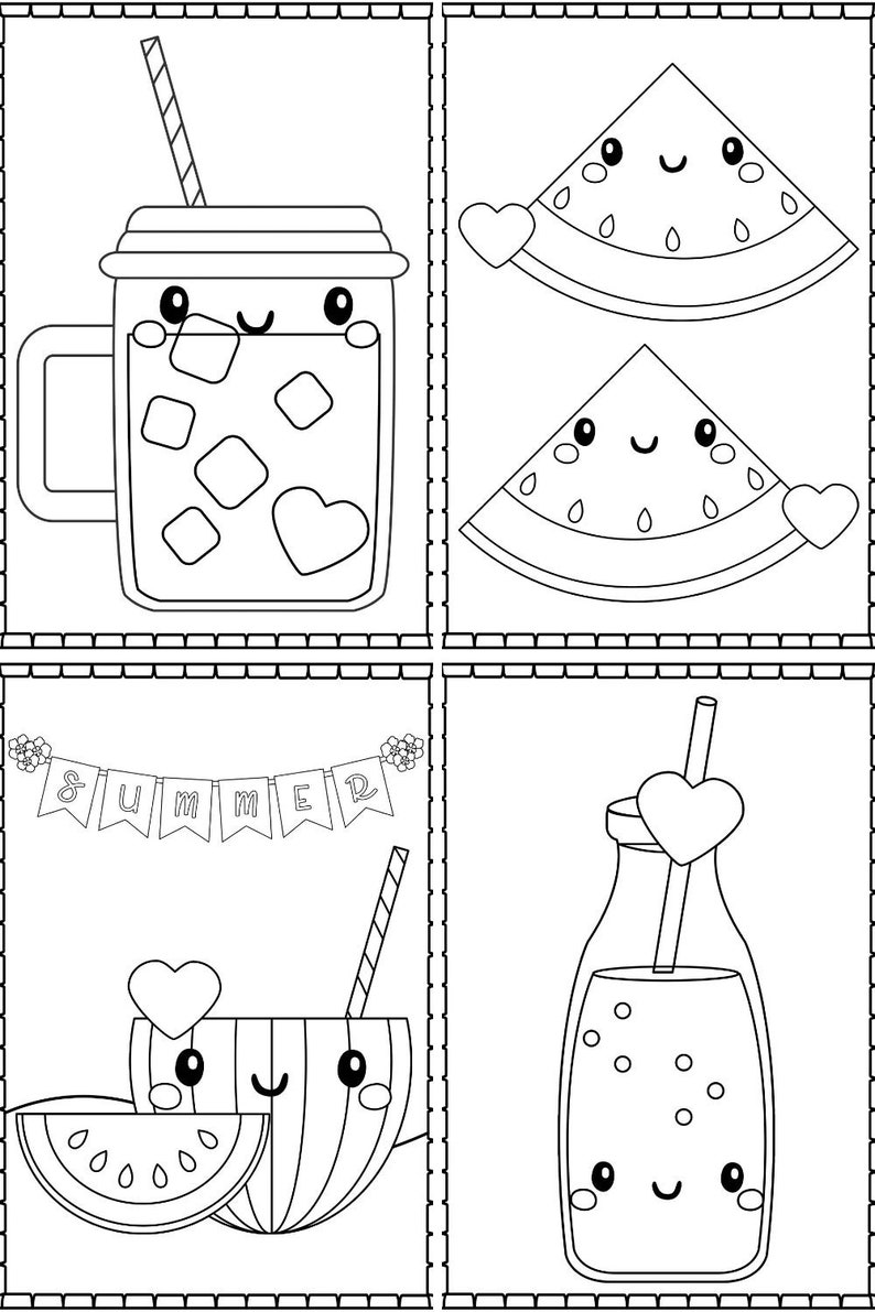 May include: Black and white colouring page featuring four summer-themed illustrations: a mason jar with a straw and ice cubes, a slice of watermelon, a coconut with a straw and a slice of watermelon, and a glass bottle with a straw and bubbles. The text "SUMMER" is written on a banner above the coconut.