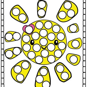 May include: A printable dot-to-dot activity sheet featuring a yellow sun with a pink heart on top. The sun has a smiling face with two black eyes and a mouth. The sun has 28 circles for the child to connect the dots.