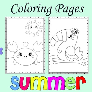 May include: Black and white colouring pages featuring a crab, a toucan, and a sun. The text "Summer" is written in colourful letters below the images.
