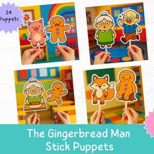 Puede incluir: Un conjunto de 24 marionetas de palo con personajes de la historia de The Gingerbread Man. Las marionetas incluyen un cerdo, un hombre de jengibre, una anciana, un anciano, un zorro y más. La imagen también incluye el texto "PDF File".