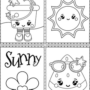 May include: Black and white colouring page with four summer themed illustrations. The top left image is a bucket with a shovel and a starfish. The top right image is a sun with a smiling face. The bottom left image is a flower with a heart in the centre. The bottom right image is a watermelon wearing sunglasses and a starfish.