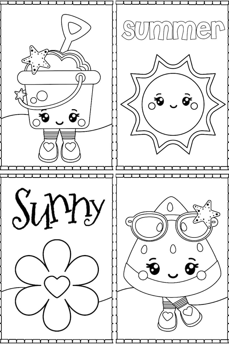 May include: Black and white colouring page with four summer themed illustrations. The top left image is a bucket with a shovel and a starfish. The top right image is a sun with a smiling face. The bottom left image is a flower with a heart in the centre. The bottom right image is a watermelon wearing sunglasses and a starfish.