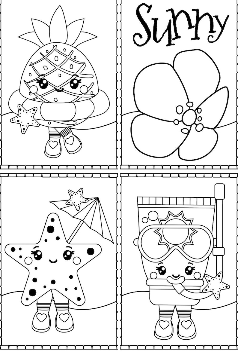 May include: Black and white colouring page featuring four summer-themed illustrations: a pineapple wearing a swimsuit and holding a starfish, a flower, a starfish wearing a swimsuit and holding an umbrella, and a tube of sunscreen wearing a swimsuit and holding a snorkel and starfish.