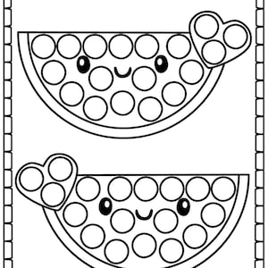 May include: Black and white printable coloring page featuring two watermelon shaped pop-it toys. Each watermelon has a heart shaped pop-it on top and a cute cartoon face.