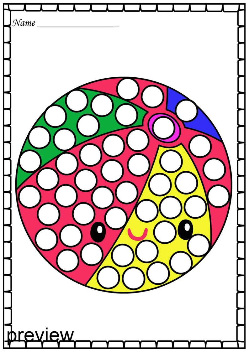 May include: A printable coloring page featuring a beach ball with a smiling face. The beach ball is divided into sections of red, green, yellow, blue, and pink. There are 50 circles to color in.