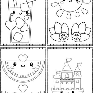 May include: Black and white colouring page featuring four summer-themed illustrations: a glass of iced tea with a watermelon wedge, a smiling sun with flowers, a watermelon slice, and a sandcastle.
