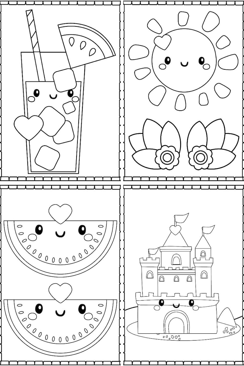 May include: Black and white colouring page featuring four summer-themed illustrations: a glass of iced tea with a watermelon wedge, a smiling sun with flowers, a watermelon slice, and a sandcastle.