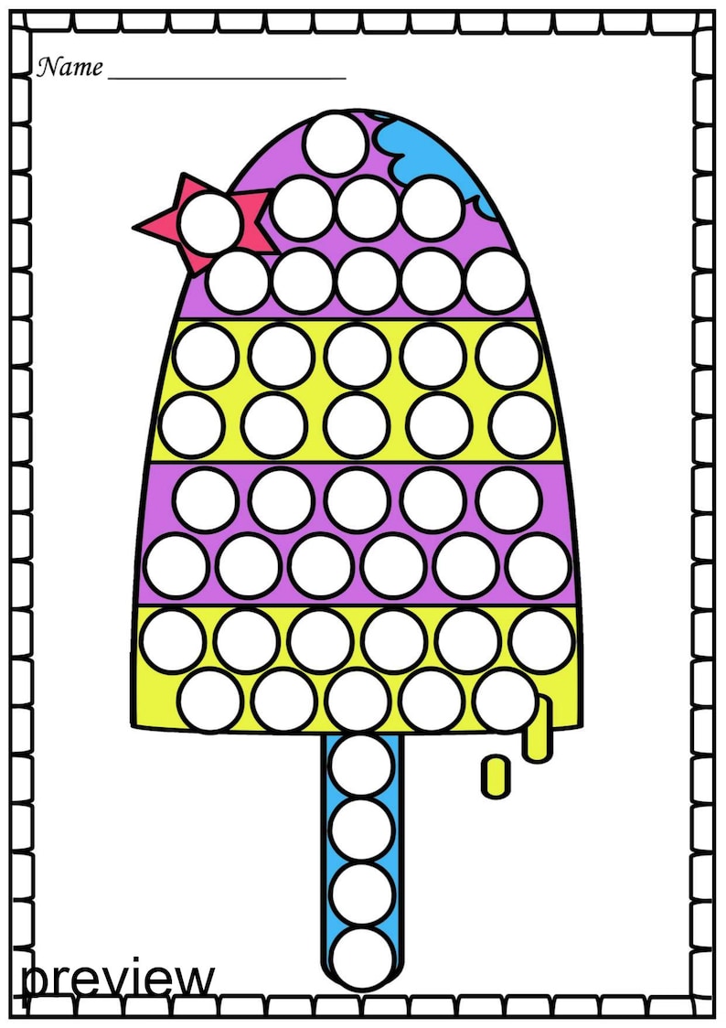 May include: A printable coloring page featuring a popsicle with a star on top. The popsicle is made up of circles that can be colored in. The popsicle is yellow, purple, and blue.