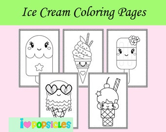 May include: Five black and white colouring pages featuring different ice cream treats. Each ice cream treat has a cute face and is ready to be coloured in.