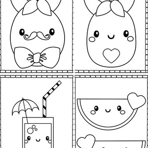 May include: Black and white line art colouring page featuring four cute cartoon characters: a pineapple with a bow tie, a pineapple with a heart, a glass of juice with an umbrella and a straw, and two watermelon slices with hearts.