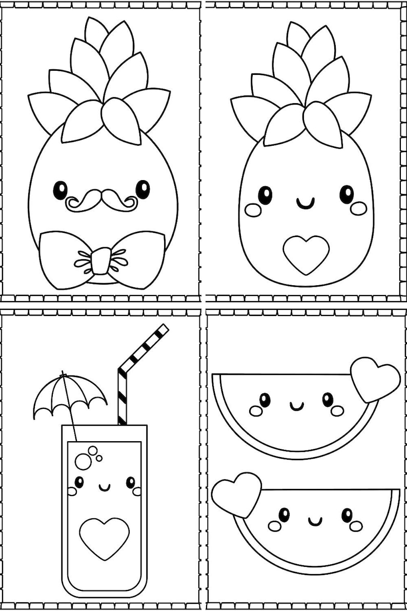 May include: Black and white line art colouring page featuring four cute cartoon characters: a pineapple with a bow tie, a pineapple with a heart, a glass of juice with an umbrella and a straw, and two watermelon slices with hearts.