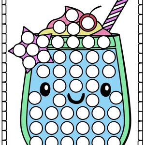 May include: A printable activity sheet featuring a cartoon milkshake with a star and a straw. The milkshake has a smiling face and is filled with 48 circles for coloring.