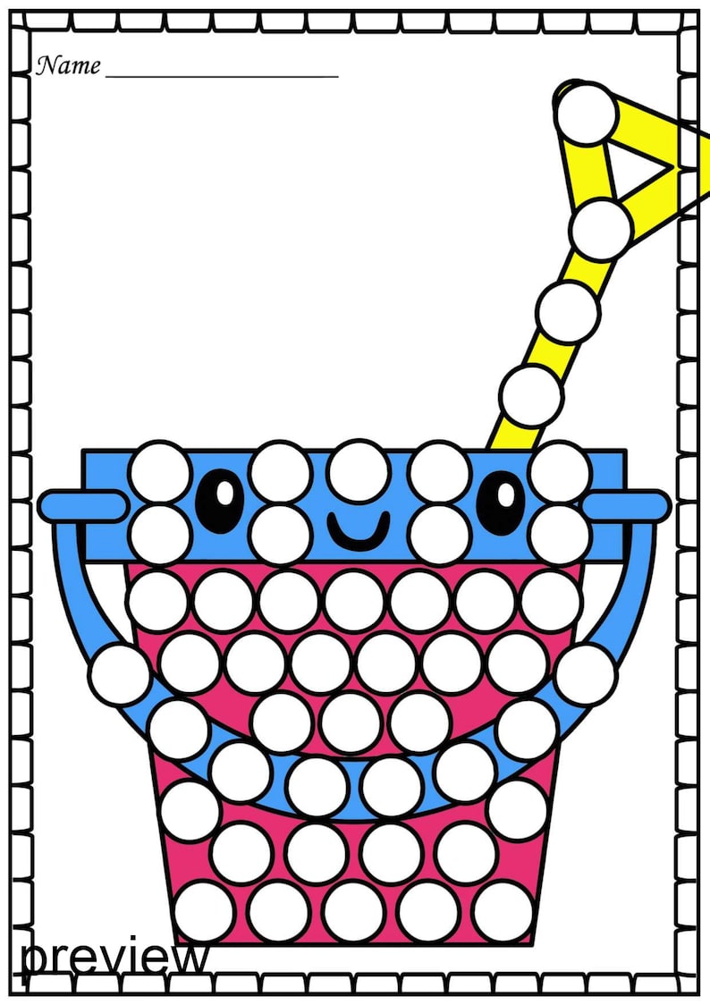 May include: A printable dot-to-dot activity sheet featuring a cartoon bucket and shovel. The bucket has a blue handle and a pink body with a smiling face. The shovel is yellow and has a white handle.