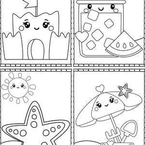 May include: A black and white colouring page with four summer themed illustrations. The illustrations include a sun, a sandcastle, a glass of iced tea, a watermelon slice, a starfish, a beach umbrella, a bucket and a shovel.