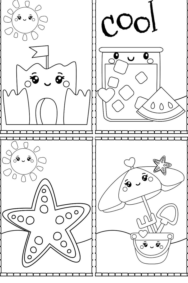 May include: A black and white colouring page with four summer themed illustrations. The illustrations include a sun, a sandcastle, a glass of iced tea, a watermelon slice, a starfish, a beach umbrella, a bucket and a shovel.