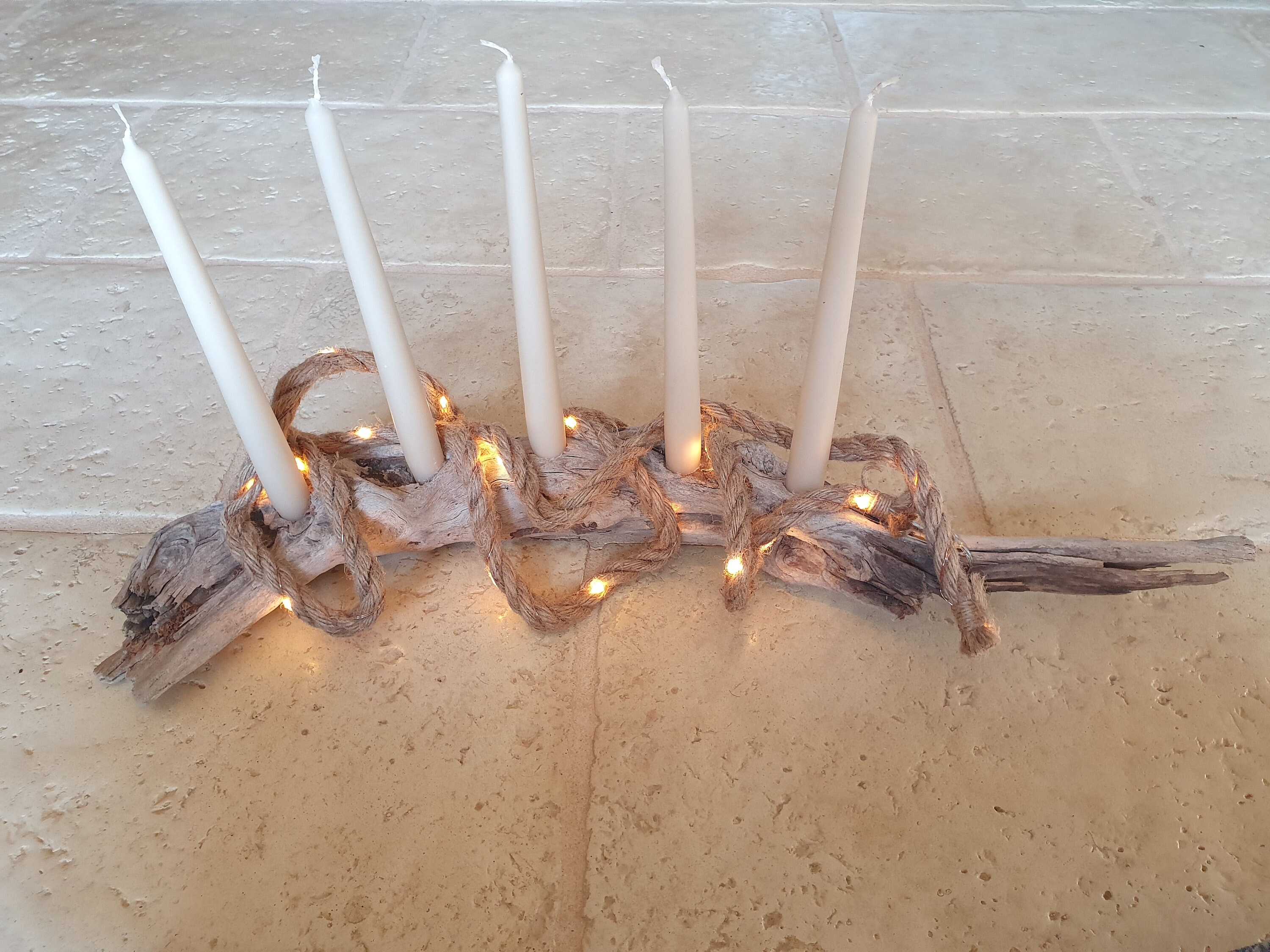 Bougeoir en Bois Flotté et Sa Cordelette Lumineuse Led Jaune