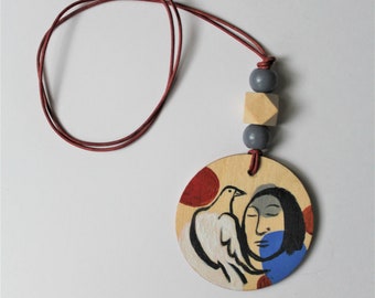 Handmade hand painted wooden pendant,original and unique, with wooden beads and leather cord