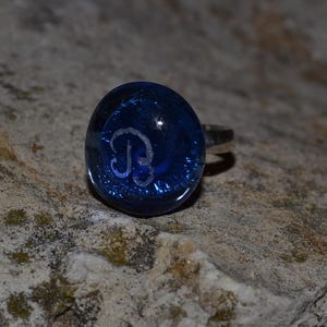 Your initial on colored glass teardrop on adjustable gold or silver ring