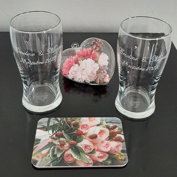 your personalized message on an engraved glass or beer mug.