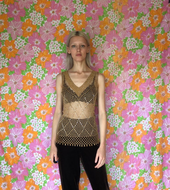 90s Vintage Bohemian Hippie Mesh Shimmery Gold and
