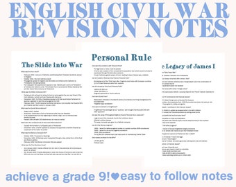 May include: A set of three colorful study guides for English Civil War history. The guides are titled "The Slide into War", "Personal Rule", and "The Legacy of James I". Each guide has a blue background with white text and is filled with historical information.