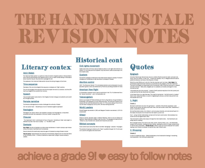May include: A set of revision notes for "The Handmaid's Tale" with three sections: Literary Context, Historical Context, and Quotes. The notes are designed to help students achieve a grade of 9. The notes are in a light blue, white, and black color scheme.