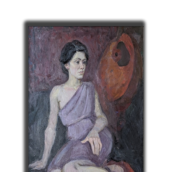 VINTAGE OIL PAINTING Portrait Original oil painting on canvas, Ukrainian artist O.Hryhorov, Young woman, 1983, Woman painting