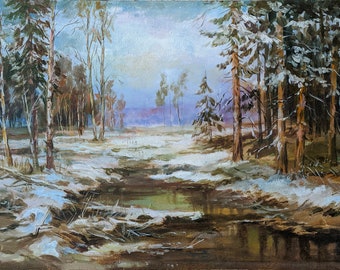 FOREST PAINTING, Original oil painting on cardboard, S.Kovalyshyn, Spring in the forest, 1990s, Impressionist painting