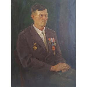 VINTAGE OIL PAINTING Male portrait Original oil painting on canvas, Ukrainian artist A.Maksimenko Portrait of a world war veteran, 1980s